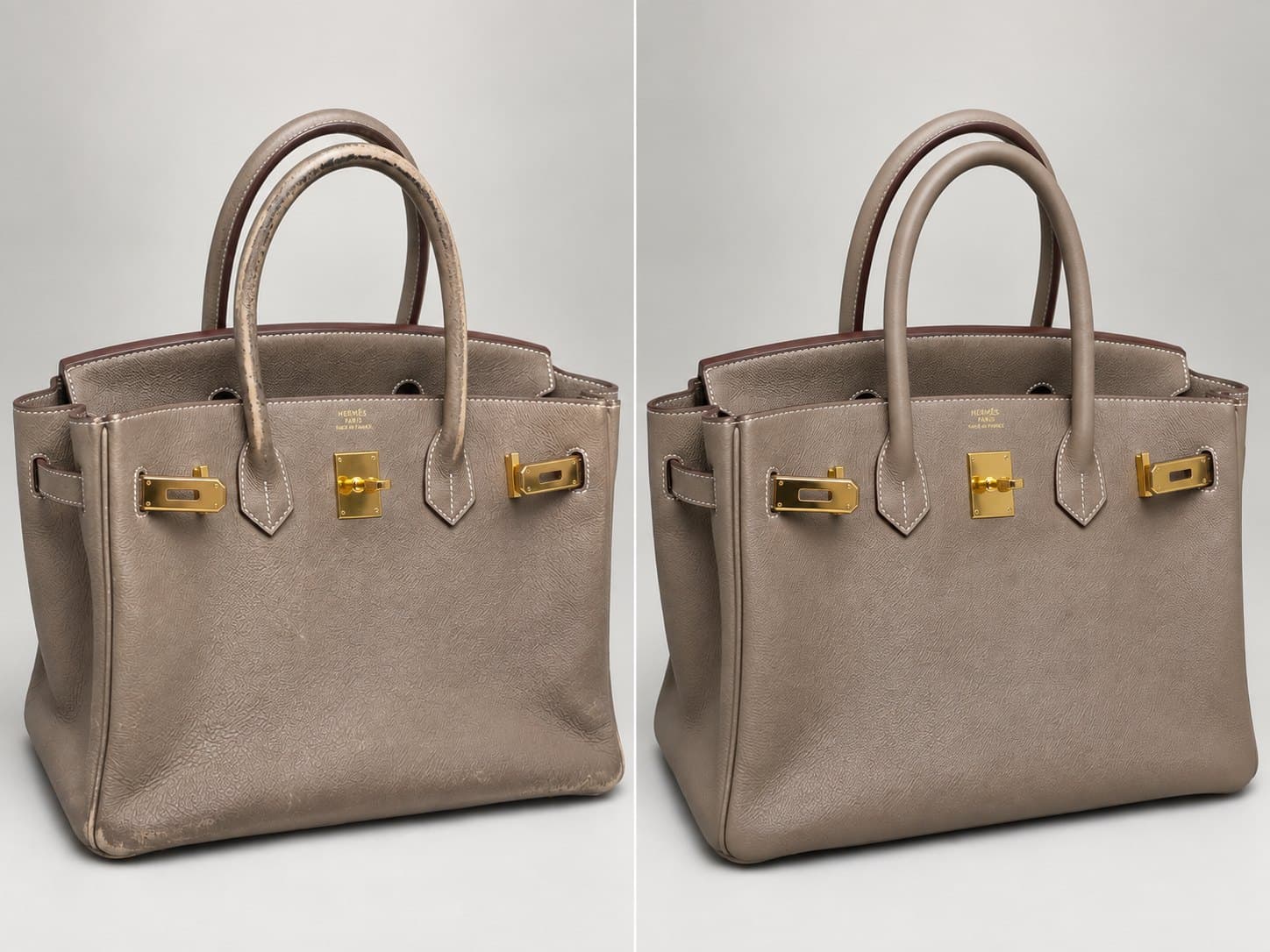 Hermès Birkin: потёртые ручки и углы, слева до, справа после