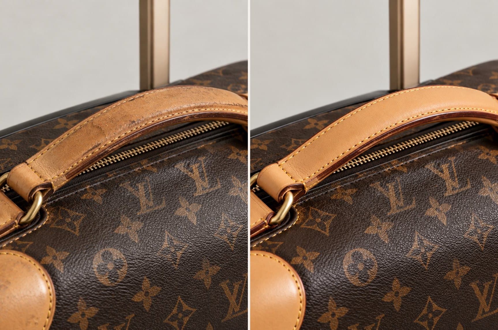 Louis Vuitton: кожаная ручка, слева до ремонта, справа после