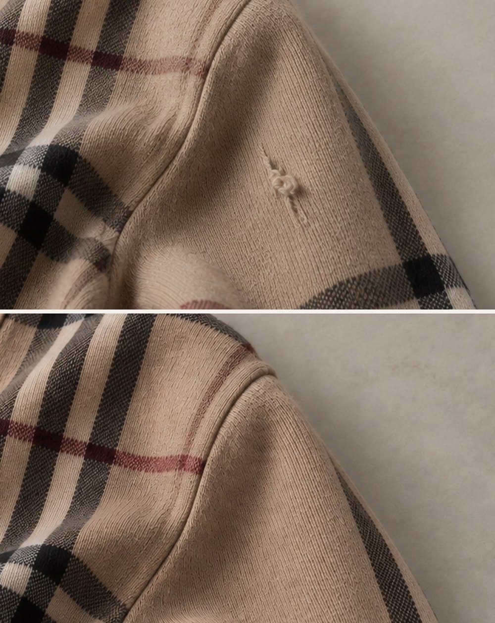 Кардиган Burberry: затяжка на плече, сверху до работы, снизу после