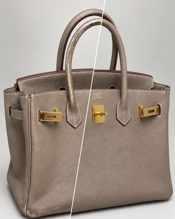 Hermès Birkin: потёртые ручки и углы, слева до, справа после